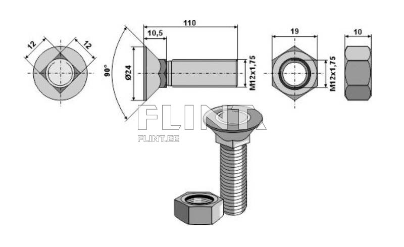 Plough bolt+nut M12x110 10,9 (w/square neck) DIN608
