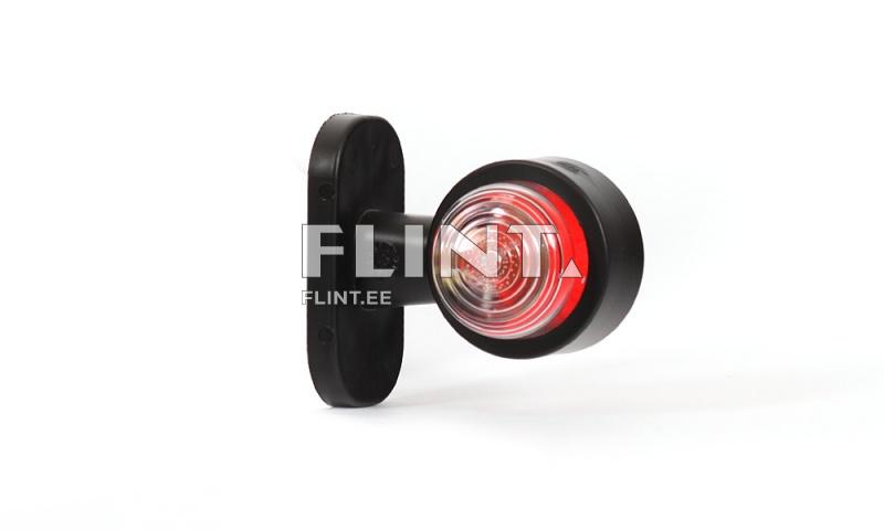 The product is a round red light with a black plastic body and a clear lens. The back has a mounting plate for attached installation.
