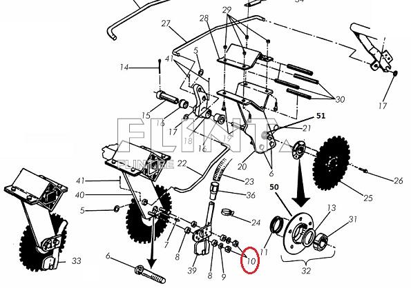 The image displays the layout of mechanical components with a numbered list of parts. Several groups of components are connected, including wheels and attachment elements, highlighted in the diagram.