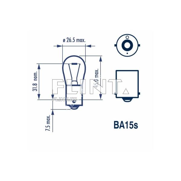 The product is a BA15s bulb, measuring 26.5 mm in diameter and 31.8 mm in height. It features a central opening at the bottom, with a maximum diameter of 7.5 mm.