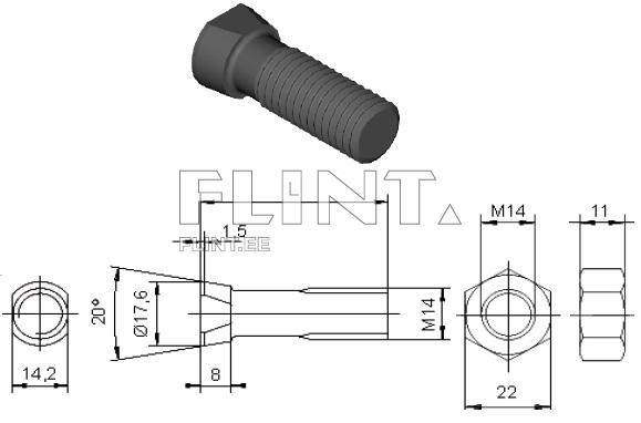 Plough bolt+nut M14x40 12,9 (w/2 flants)