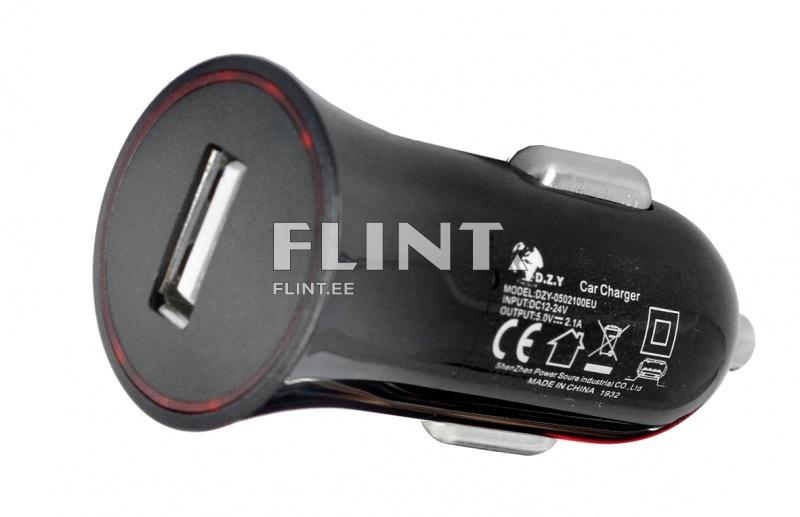 Car charger featuring a black plastic design with a red accent. It has one USB port and essential specifications labeled on the back.