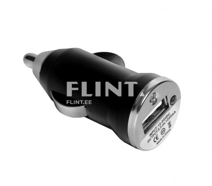 A black plastic car charger with a metal tip. The rear of the product features two USB ports and has an output of 2.1 A.
