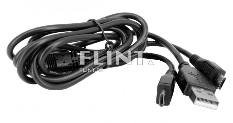 The image features a black USB cable that is coiled up. Visible connectors include USB-A, USB-B, and micro-USB. The cable is black and placed on a surface, providing broader context.