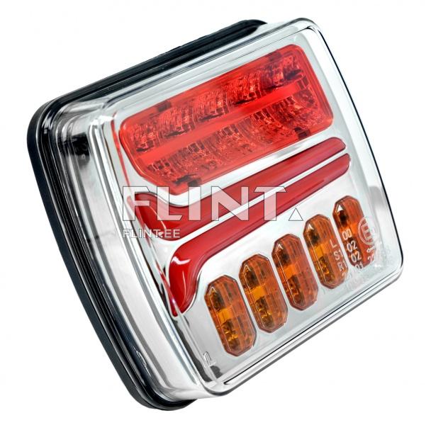 The product image displays automotive taillights featuring red and orange slightly curved LED lights. The top section consists of two red LED strips, while the lower section contains five orange LEDs.