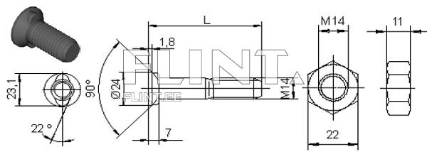 The product is a drawing of an M14 threaded bolt with a rubber head, having a diameter of 24 mm and a height of 23.1 mm.