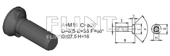 The image shows a black screw with a hexagonal head and a threaded shaft. Dimensions are provided alongside, including M16, a diameter of 28 mm, and a height of 16 mm.