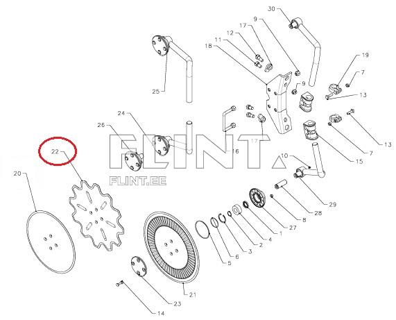 The illustration shows a star-shaped gear at position 22, featuring six holes, surrounded by various components including cylindrical parts and valves.