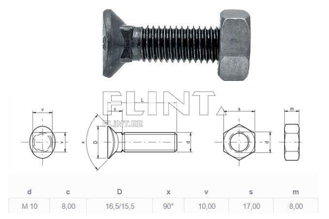 Cultivator bolt+nut M10x37 8,8 (for a S-tine) (w/square neck)