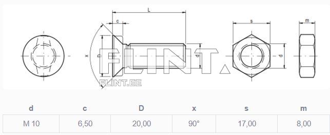 Plough bolt+nut M10x35 12,9 (w/square neck, head 19mm)