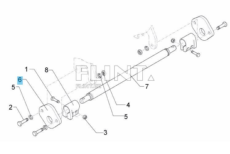 The image illustrates a disassembled mechanical component, featuring external and internal parts. Prominently displayed is a shaft with numbered labels indicating the arrangement of various components.