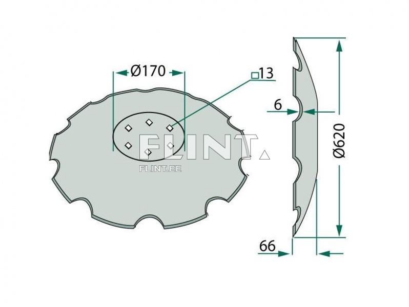 The product is a circular plate with an outer diameter of 620 mm and an inner diameter of 170 mm. The center has four hexagonal openings and a thickness of 6 mm.