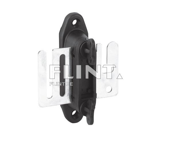 The product is a black plastic base with two metallic sides featuring holes for mounting. In the center of the base, there is a recess for installing a mechanism. The product is a black plastic base with two metallic sides featuring holes for mounting. In the center of the base, there is a recess for installing a mechanism.