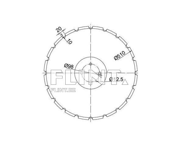 A circular cutting tool with a diameter of 510 mm. The center features a hole with a diameter of 12.5 mm, accompanied by a measurement legend.