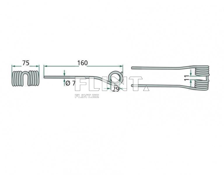 The product is made of metal and features a spiral with a diameter of 7 mm. The spiral is connected to a straight rod that is 160 mm long and 75 mm wide. At the end of the rod, there is a circular part with a height of 29 mm.
