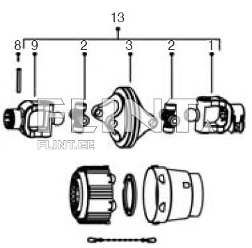 The product features various components, including four joint pieces arranged in a row, with a central part illustrated. The bottom section shows additional accessories, including a ring and a clip.