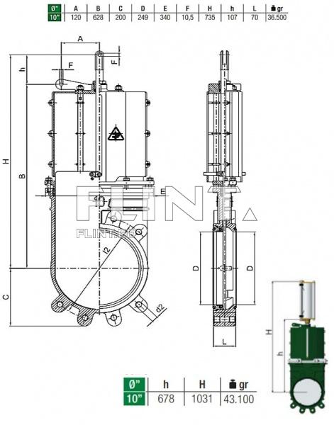 Cast-iron gate valve 10&amp;quot; + pneumatic cylinder with magnetic sensor (stainless steel knife) MZ