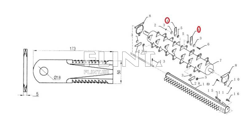 Põhupurusti tera Rsm/ New Holland 84437624 (173x50x5; ava 18mm) hambuline