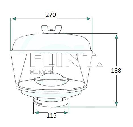 The product features a transparent cover with a round base underneath. The height is 188 mm and the width is 270 mm. The diameter of the base is 115 mm.