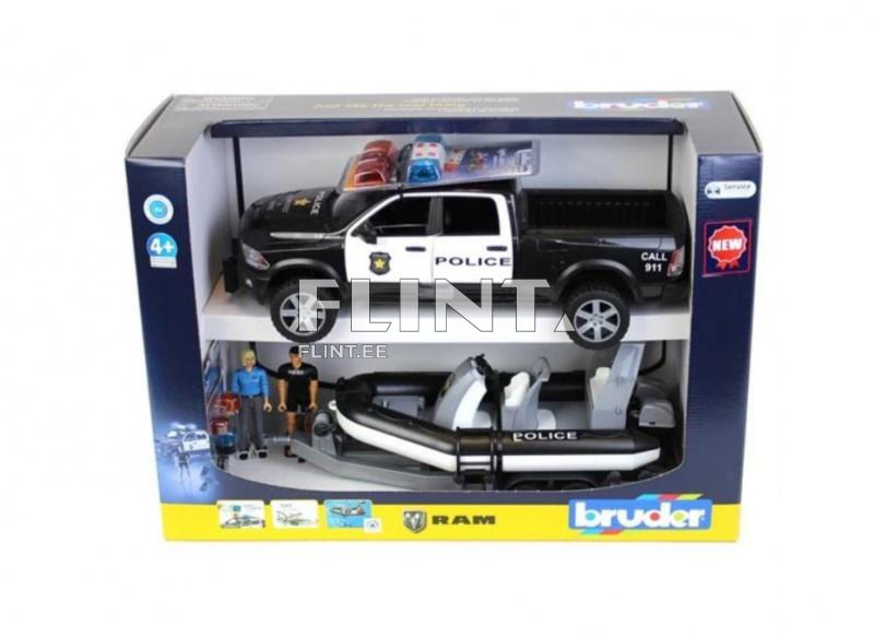 Poliisiauto Dodge Ram 2500 + poliisi ja sukeltaja (78x17x15cm) + poliisivene Bruder Poliisiauto Dodge Ram 2500 + poliisi ja sukeltaja (78x17x15cm) + poliisivene Bruder