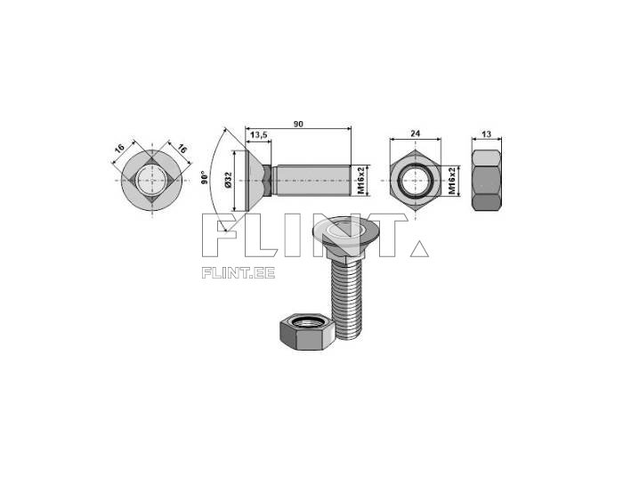 Polt+mutter M16x90 10,9 (nelikant) 