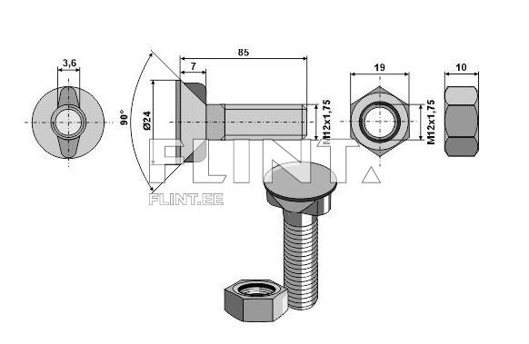 Plough bolt+nut M12x85 10,9 (w/square neck, head 24mm)