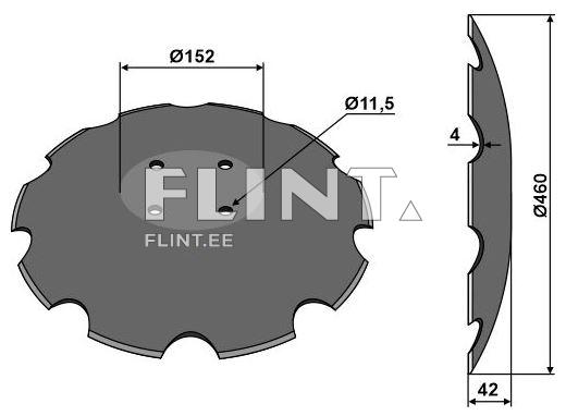 The product is a round disc-shaped object with a diameter of 152 mm. The center features four open holes aligned in a row. The edges are wavy, and the thickness of the disc is 42 mm.