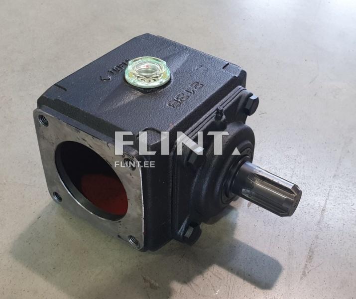 The product is a black, cubic component featuring a clear liquid level indicator on top. One side is open, revealing a red interior. The product has bolts and mounting holes on its sides.