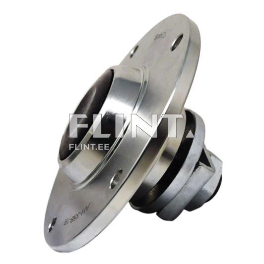The product is a metal component with a shiny silver surface and a black rubber ring. In the center, there is a darker area that likely represents a working surface. The component is mounted in a plate shape with four fastening holes.