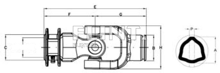 The diagram shows a universal joint assembly with an angular connection. The central part of the unit features a circular opening surrounded by hydraulic components. To the right, there is a sectional view detailing the main dimensions of the joint.