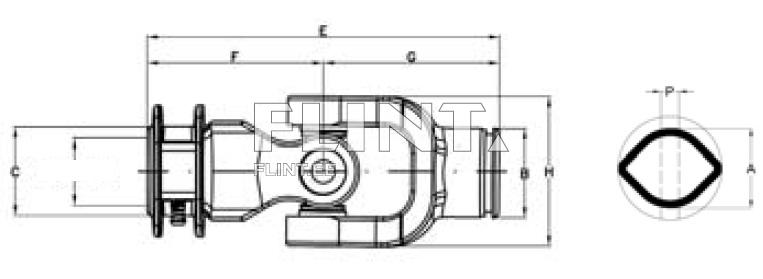 The product is a drawing of a joint, featuring a central rotating element and two couplers. The dimensions and alignment measurements are indicated on the drawing.