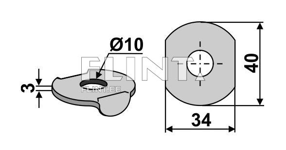 The product features a round base with a diameter of 34 mm and a central hole measuring 10 mm in diameter. There is a notch extending downwards along the side, and its height is 3 mm.