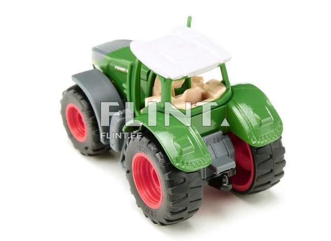 A green toy tractor model with red wheels and a white roof. There are two seats visible inside, with a colorful aesthetic distinguishing this model.