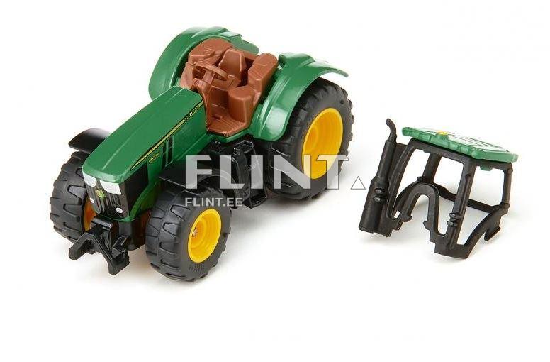 A green plastic tractor featuring a brown seat and large yellow tires. A separate black cab is positioned next to the tractor.