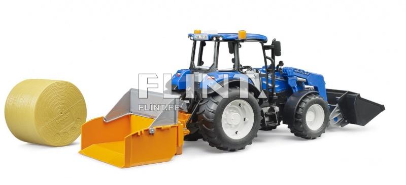 Trantori New Holland T5.120 (45x12,5x19,5 cm) + etulaaturi + laatikko ja haarukat Bruder Trantori New Holland T5.120 (45x12,5x19,5 cm) + etulaaturi + laatikko ja haarukat Bruder