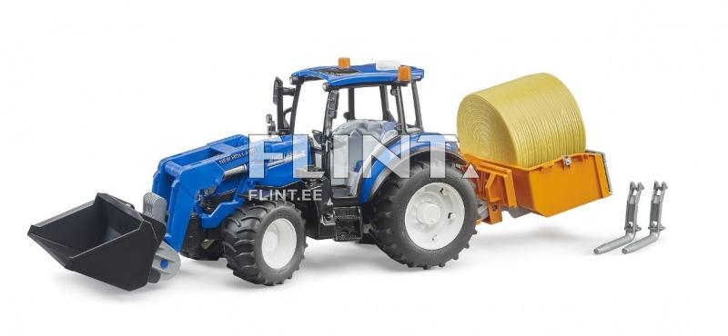 Trantori New Holland T5.120 (45x12,5x19,5 cm) + etulaaturi + laatikko ja haarukat Bruder Trantori New Holland T5.120 (45x12,5x19,5 cm) + etulaaturi + laatikko ja haarukat Bruder