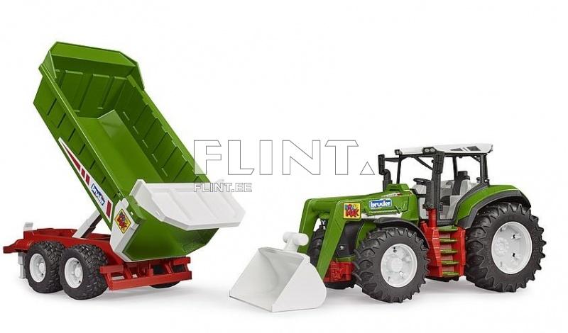 Roadmax traktori (79,5x17,8x20cm) etukauormaajalla ja kippiperävaunulla Bruder