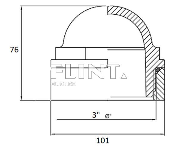 The drawing depicts a part with a curved dome on top and a flat section below. The dimensions are 101 mm wide and 76 mm tall.