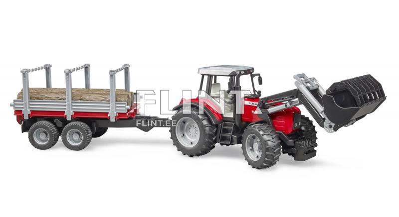 Traktori etukuormaajalla Massey Ferguson 7480 + metsävaunu Bruder 1:16 Traktori etukuormaajalla Massey Ferguson 7480 + metsävaunu Bruder 1:16