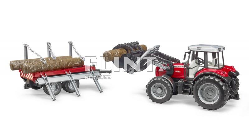 Traktori etukuormaajalla Massey Ferguson 7480 + metsävaunu Bruder 1:16 Traktori etukuormaajalla Massey Ferguson 7480 + metsävaunu Bruder 1:16