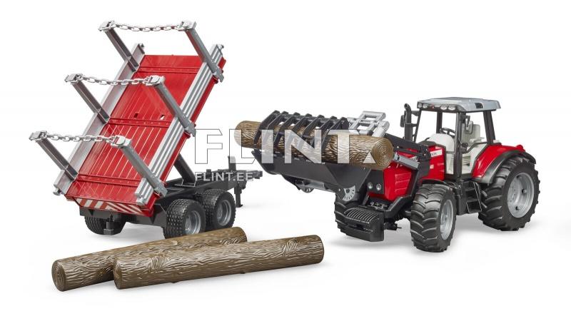 Traktori etukuormaajalla Massey Ferguson 7480 + metsävaunu Bruder 1:16 Traktori etukuormaajalla Massey Ferguson 7480 + metsävaunu Bruder 1:16