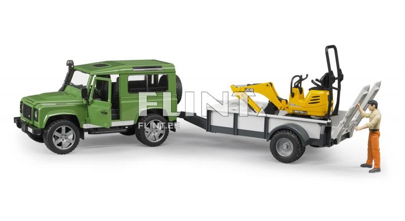 Land Rover Defender (61,5x14x18,5cm) + peräkärry + pienkaivuri JCB Bruder Land Rover Defender (61,5x14x18,5cm) + peräkärry + pienkaivuri JCB Bruder