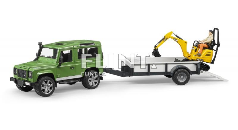 Land Rover Defender (61,5x14x18,5cm) + peräkärry + pienkaivuri JCB Bruder Land Rover Defender (61,5x14x18,5cm) + peräkärry + pienkaivuri JCB Bruder