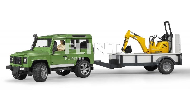 Land Rover Defender (61,5x14x18,5cm) + peräkärry + pienkaivuri JCB Bruder Land Rover Defender (61,5x14x18,5cm) + peräkärry + pienkaivuri JCB Bruder