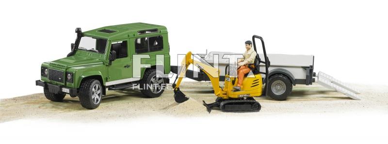 Land Rover Defender (61,5x14x18,5cm) + peräkärry + pienkaivuri JCB Bruder Land Rover Defender (61,5x14x18,5cm) + peräkärry + pienkaivuri JCB Bruder
