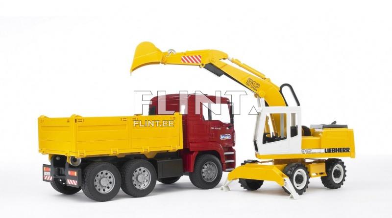 Kuorma-auto MAN TGA (41,5x17,5x21,5cm) + kaivinkone Liebherr 912 (39x15,5x22cm) Bruder