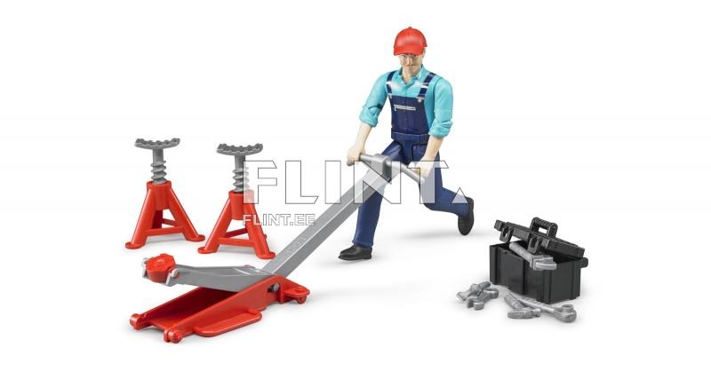 Workshop figure set with mechanic, car jack, supports and tools Bruder Workshop figure set with mechanic, car jack, supports and tools Bruder