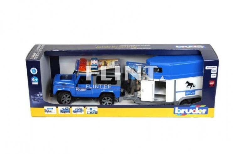 Poliisiauto Land Rover Defender (28x13,8x15,3cm) + hevostraileri + poliisi (34x14x18,5cm) Bruder
