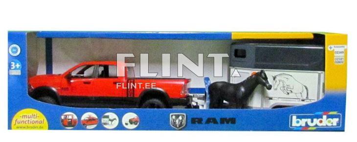 Dodge RAM 2500 lava-auto (40x17x15cm) + hevostraileri ja 1 hevonen (34x14x18,5cm) Bruder