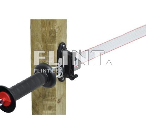 A handle is attached to a wooden post, featuring an adjustable strap with a red edge. A handle is attached to a wooden post, featuring an adjustable strap with a red edge.
